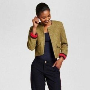 Green and Metallic Gold Tweed Cropped Jacket